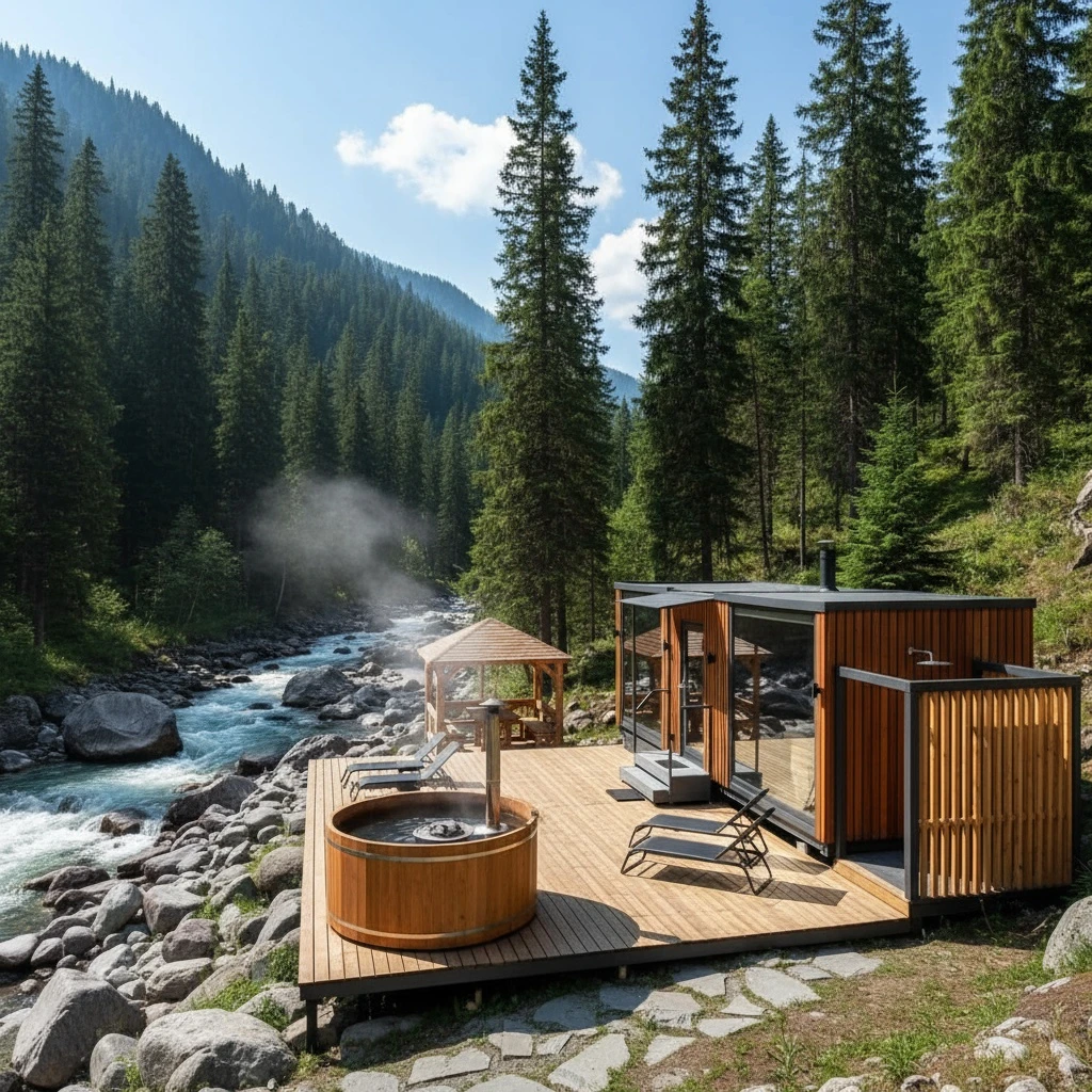 Баня из контейнера в горах у реки с купелью